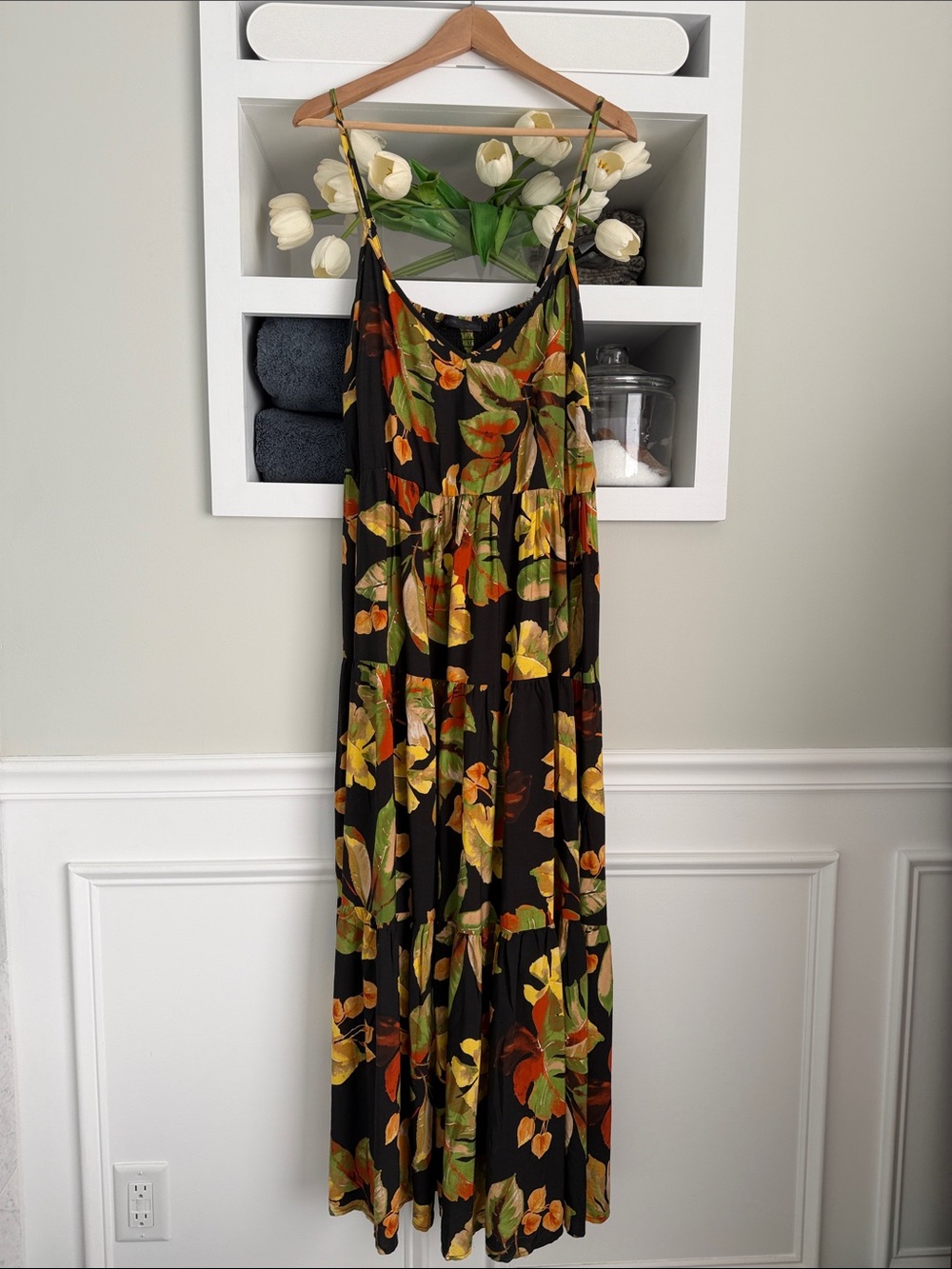 City Chic Black Floral Maxi Dress with Green and Orange Leaves